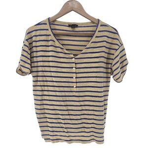 J.Crew Women's Large Linen Striped Henley‎ Roll Cuff Tan Blue Nautical Beach
